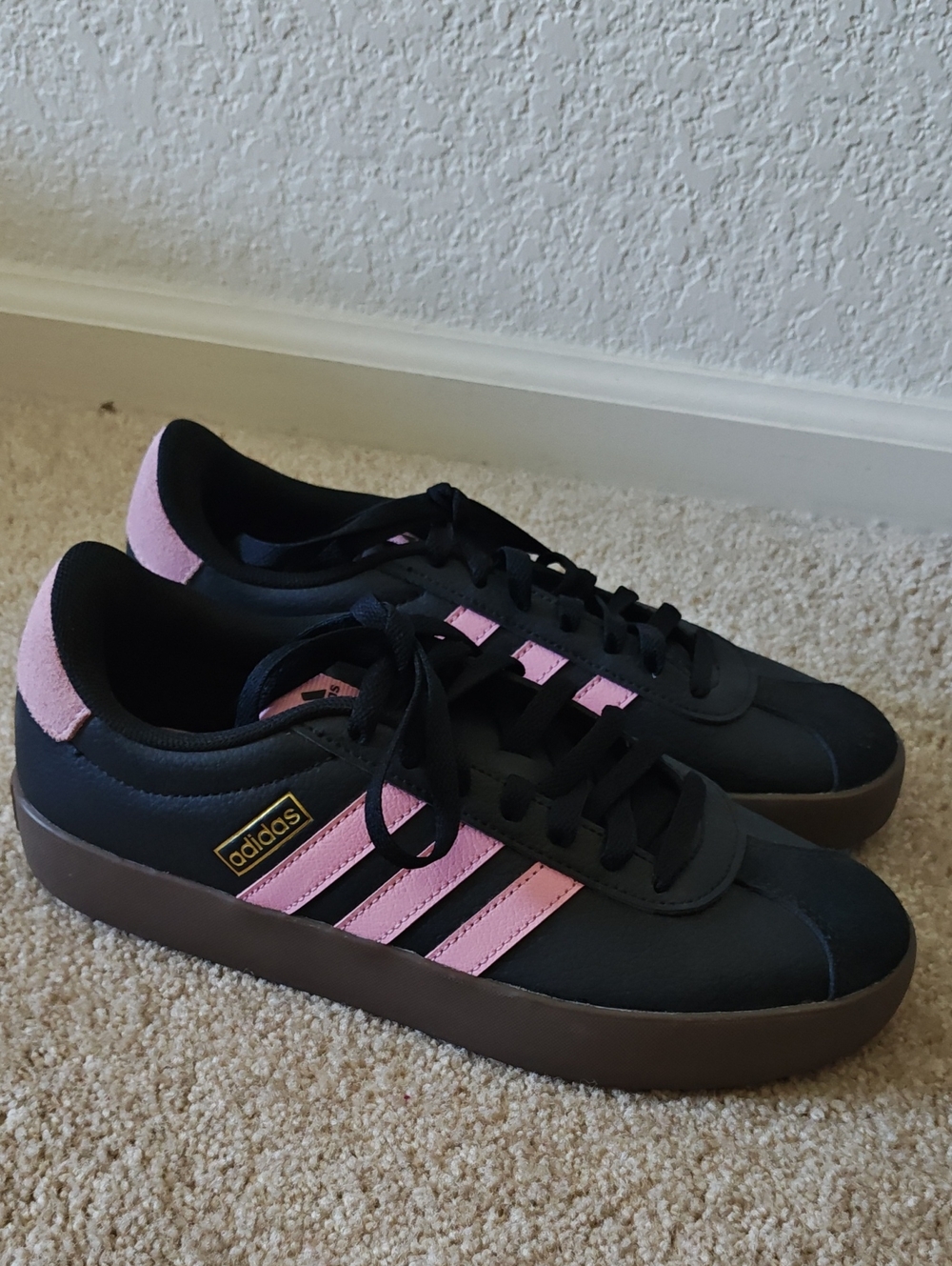 adidas Black Sneakers with Pink Stripes and Brown Sole